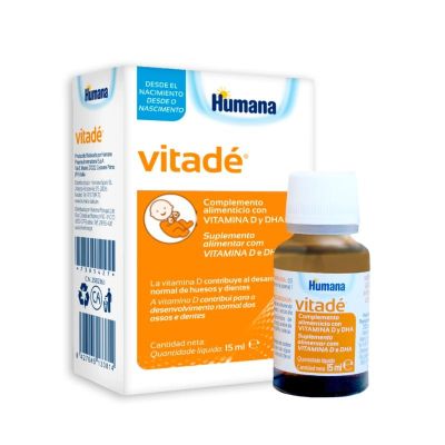 Humana Vitadé é um Suplemento alimentar à base de vitamina D e DHA, indicado em caso de ingestão reduzida de nutrientes ou para promover um desenvolvimento ótimo.